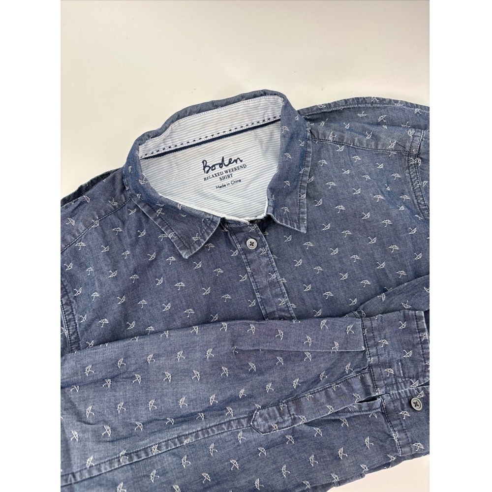 Boden Relaxed Weekend Shirt Women 8 Blue Whimsical Umbrella Print Cotton Button